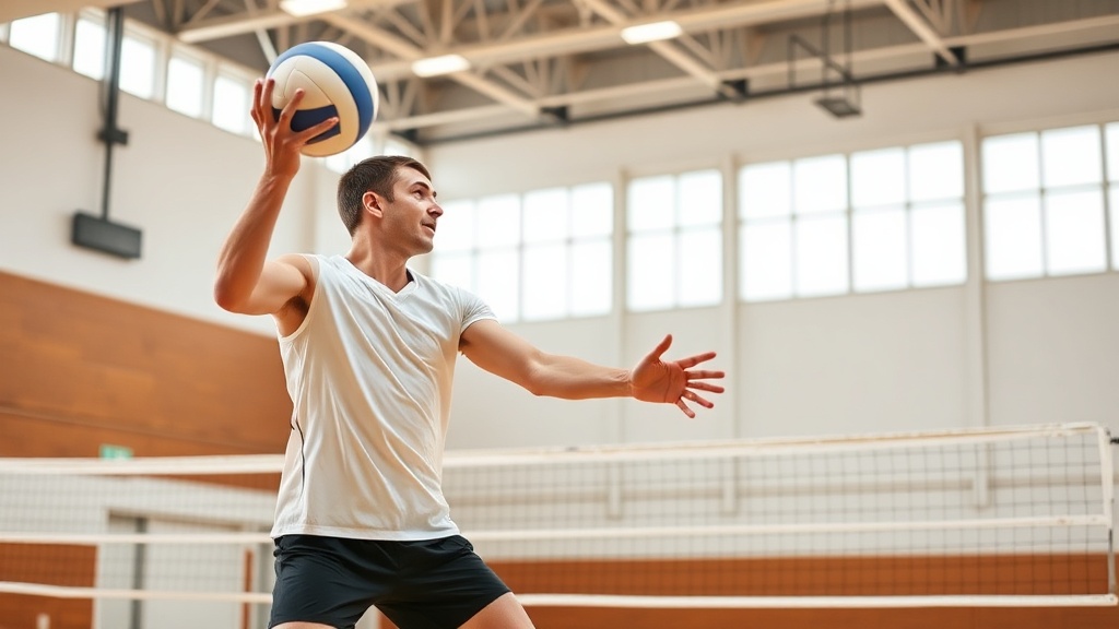 배구 코트에서 선수가 서브 동작을 연습하고 있는 장면